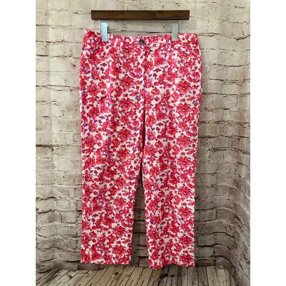 Land's End Pants Womens 8 Pink Floral Chino Straight Leg Cropped Cotton Zip